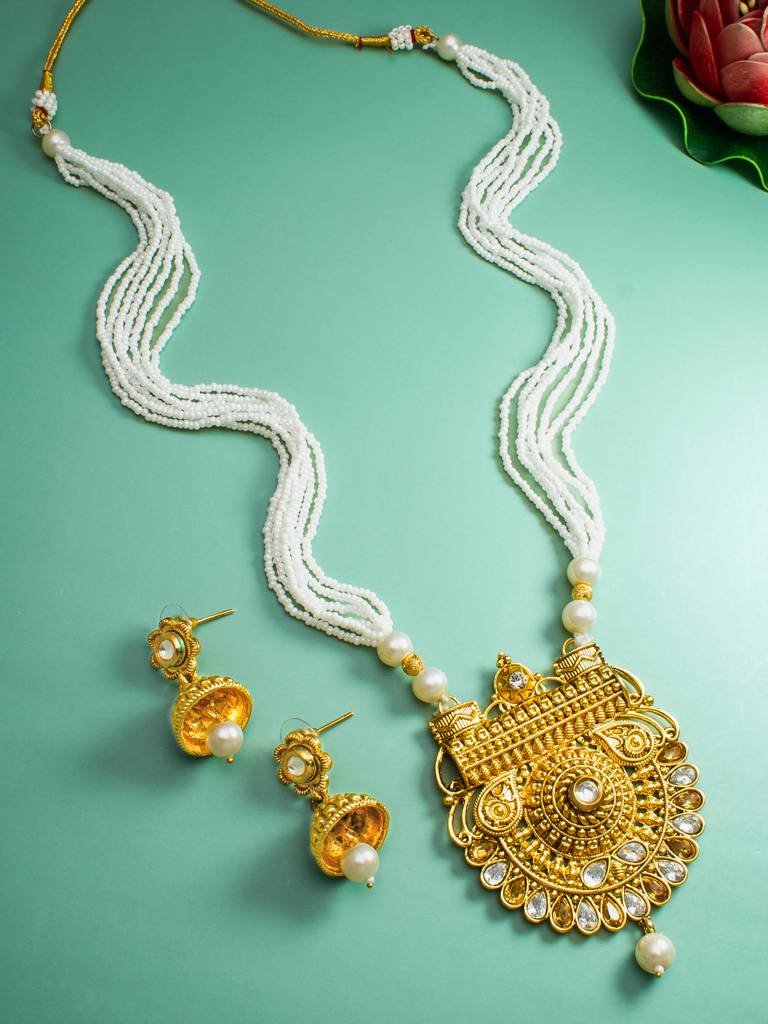 Antique Gold Kundan Pendant Long Necklace With Seed Pearls And Jhumka Earrings : NK4246