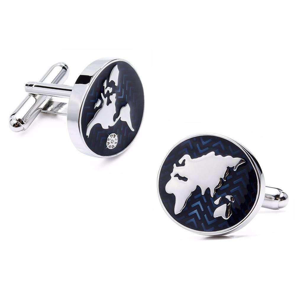 Silver Plated Stainless Steel World Map Design Round Cufflinks Classic Business Gift For Men : PX9CL151