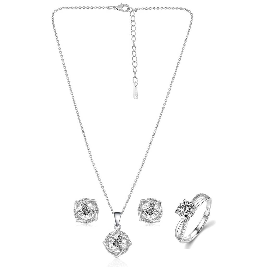 Silver Plated Cubic Zirconia Studded Pendant Chain Finger Ring & Stud Earrings Stylish Set Jewellery Gift For Women  : PX9PS08