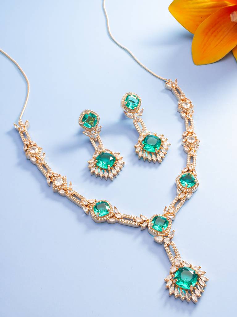 Party Wear Rose Gold Emerald Green Stone Y-Drop Necklace Set With Marquise Drop Earrings : NK4216