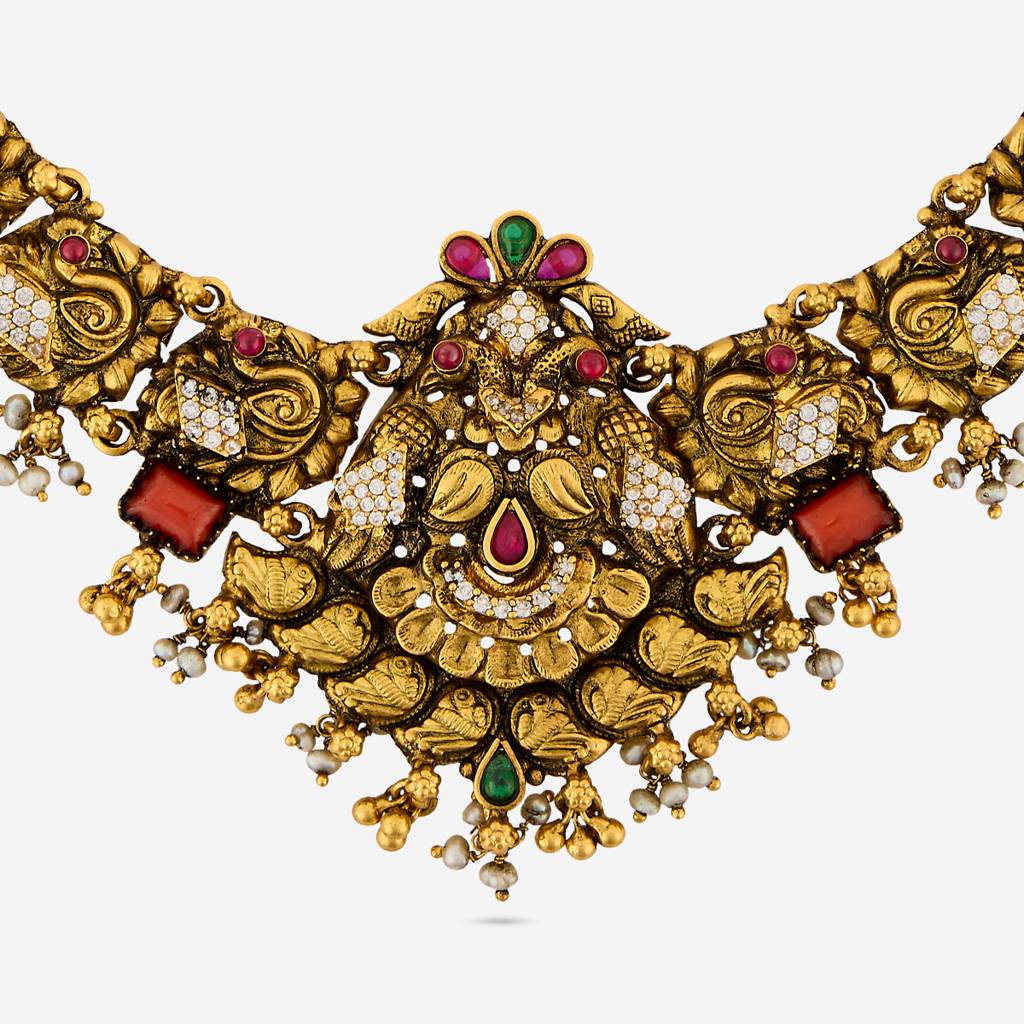 Ruby-Green-Coral Oxidised Gold - Plated Bridesmaid Temple Necklace - 456636 : 456636