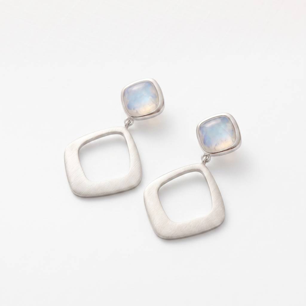 925 Pure Silver Minimalist Cushion-Cut Gemstone & Open Frame Earrings : TWP1387I