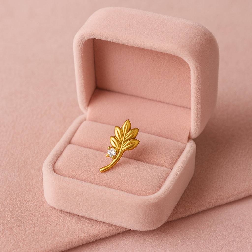 White Cz Leaf Motif Nose Pin 925 Sterling Silver Gold Plated : NP-0007-N-1-snp-0012