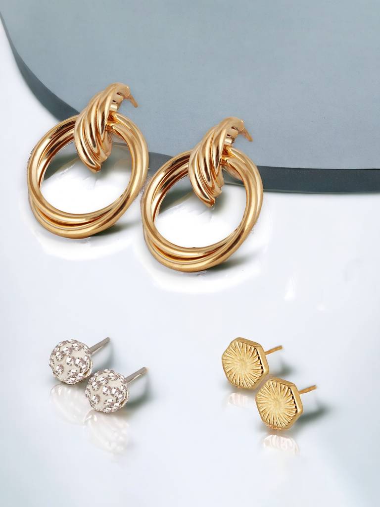 9 Pairs Combo Earrings- Gold Plated Stone Studs, Chain Link Danglers And C Shaped Drops : 225-CHEX-1157-9