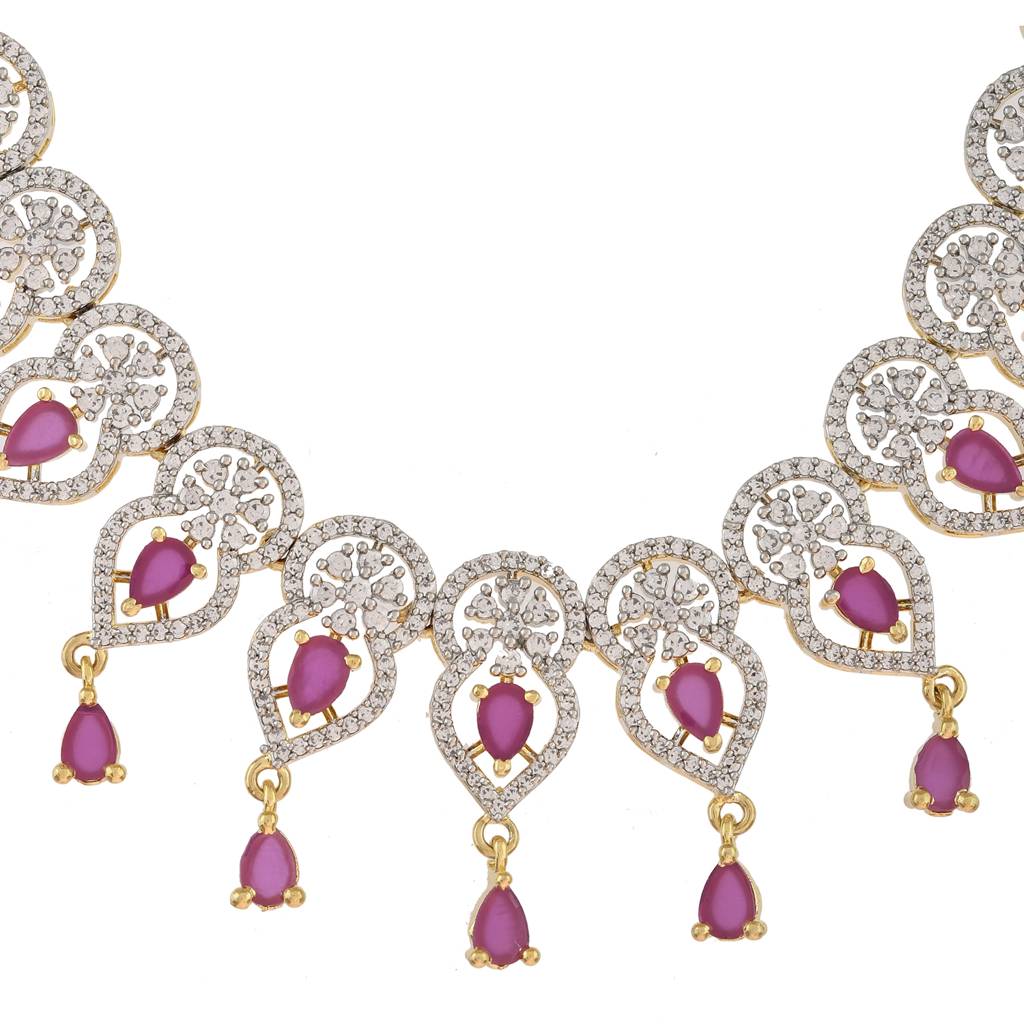 Sparkling Elegance Ruby Glimmer American Diamond Gold Necklace Set : 8905124512953