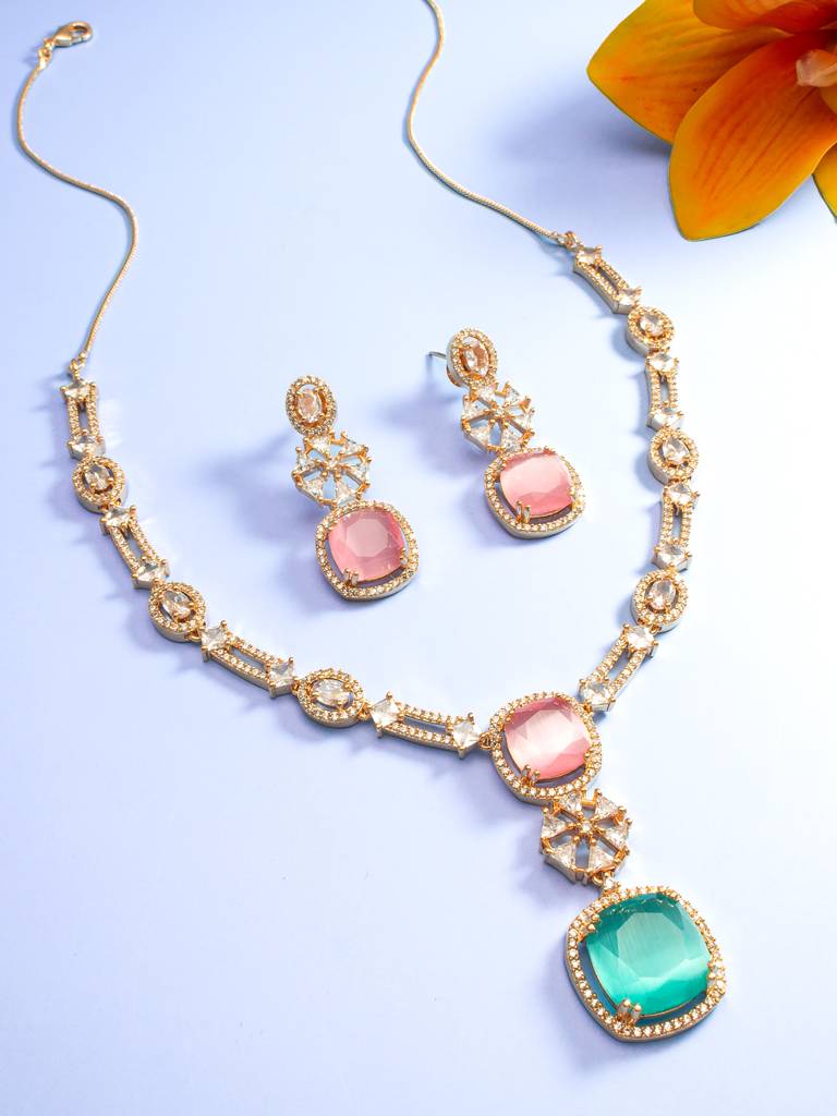 Reception Wear Rose Gold Pink And Green Pendant Necklace Set With Cushion Stone Drop And Geometric Earrings : NK4214