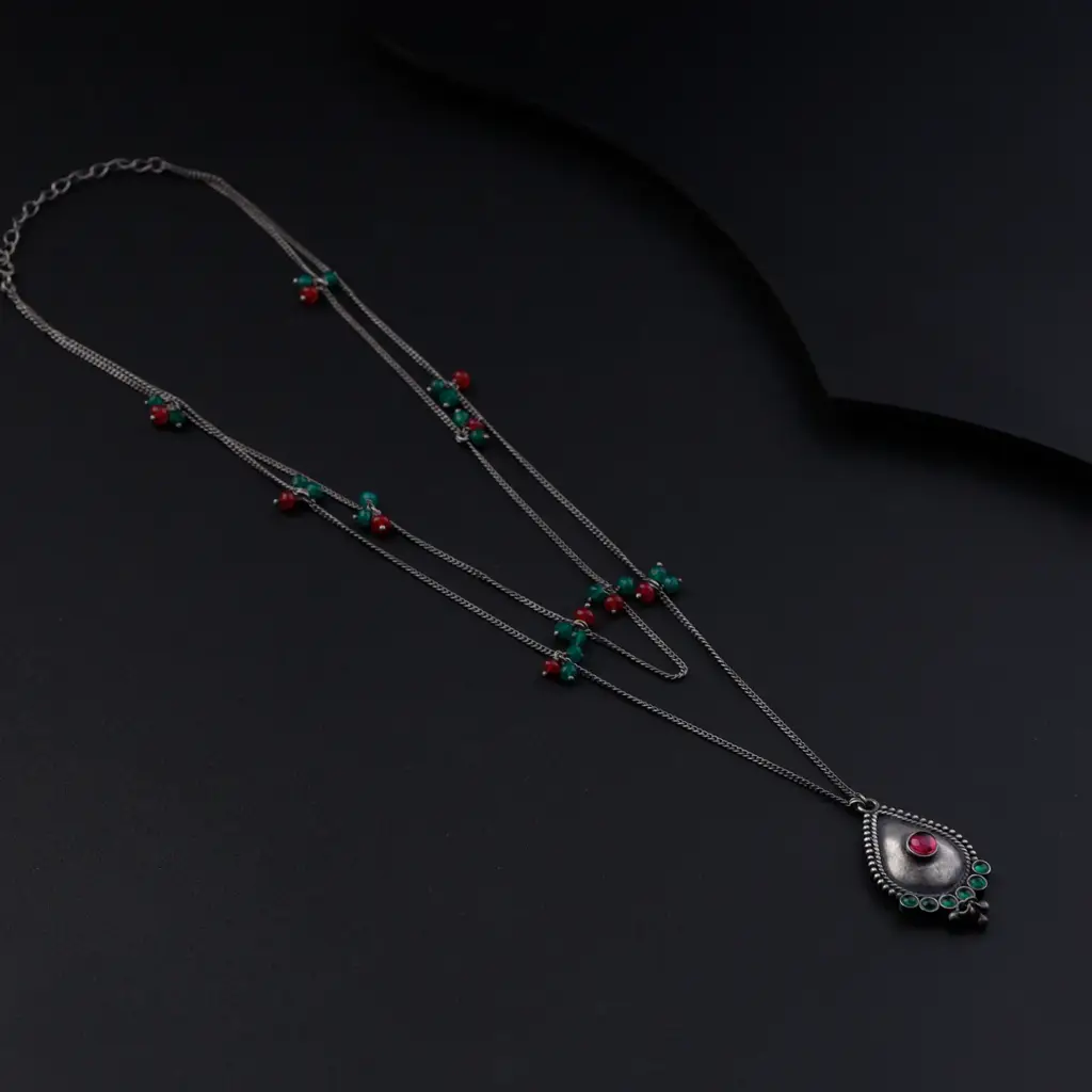 Oxidized Silver Necklace With Ruby And Green Onyx : 80552343