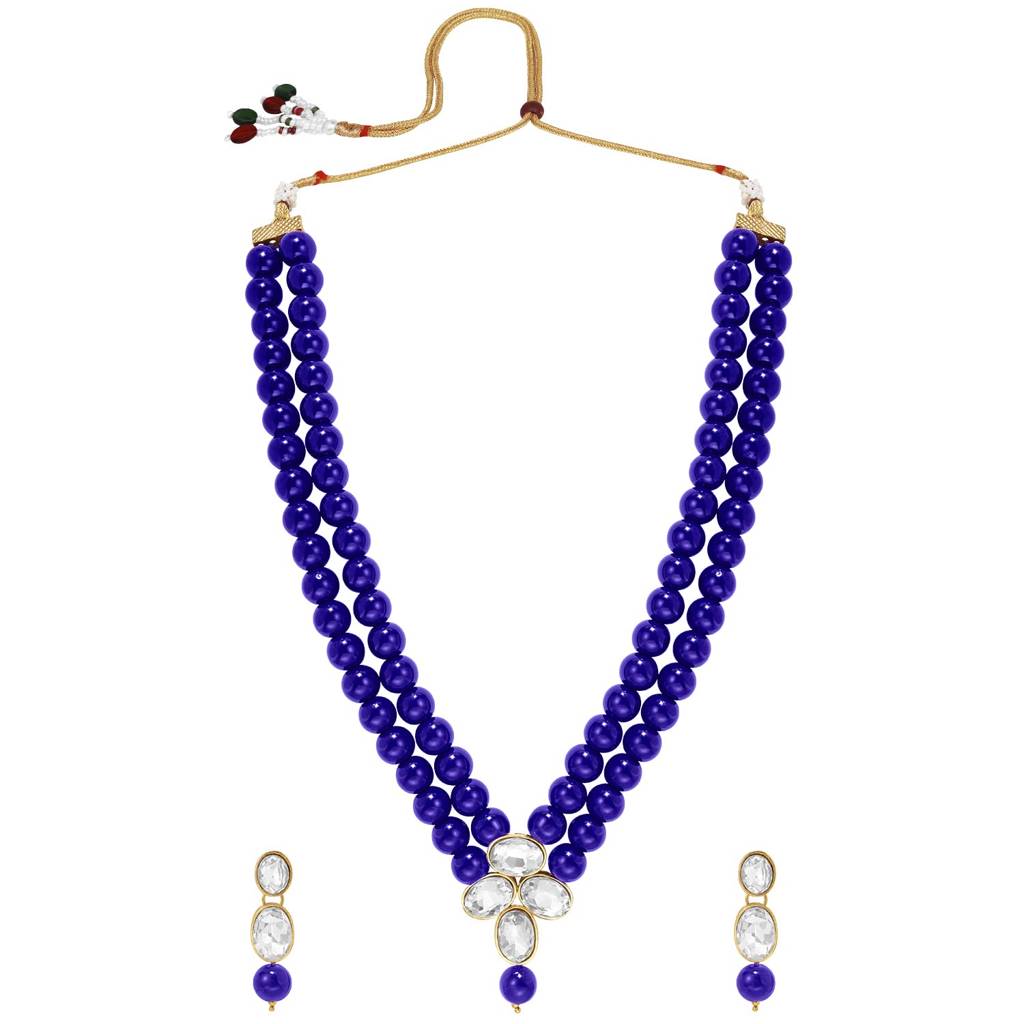 Gold Plated Blue Kundan Long Necklace Earring Indian Traditional Jewellery Set For Women : PF24N22B