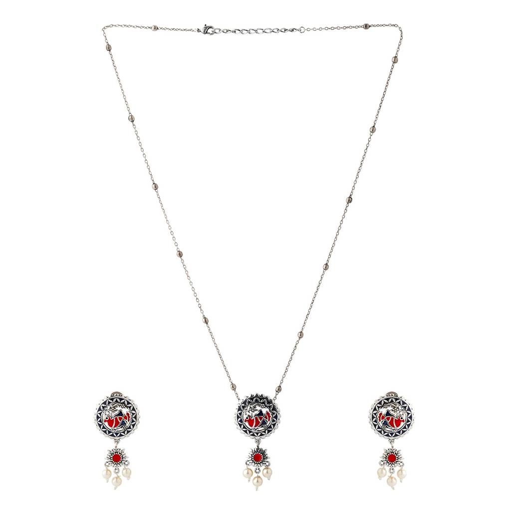 Madhubani Pakhi Phool Oxidised Enamel Pendant Set : 8905124562293