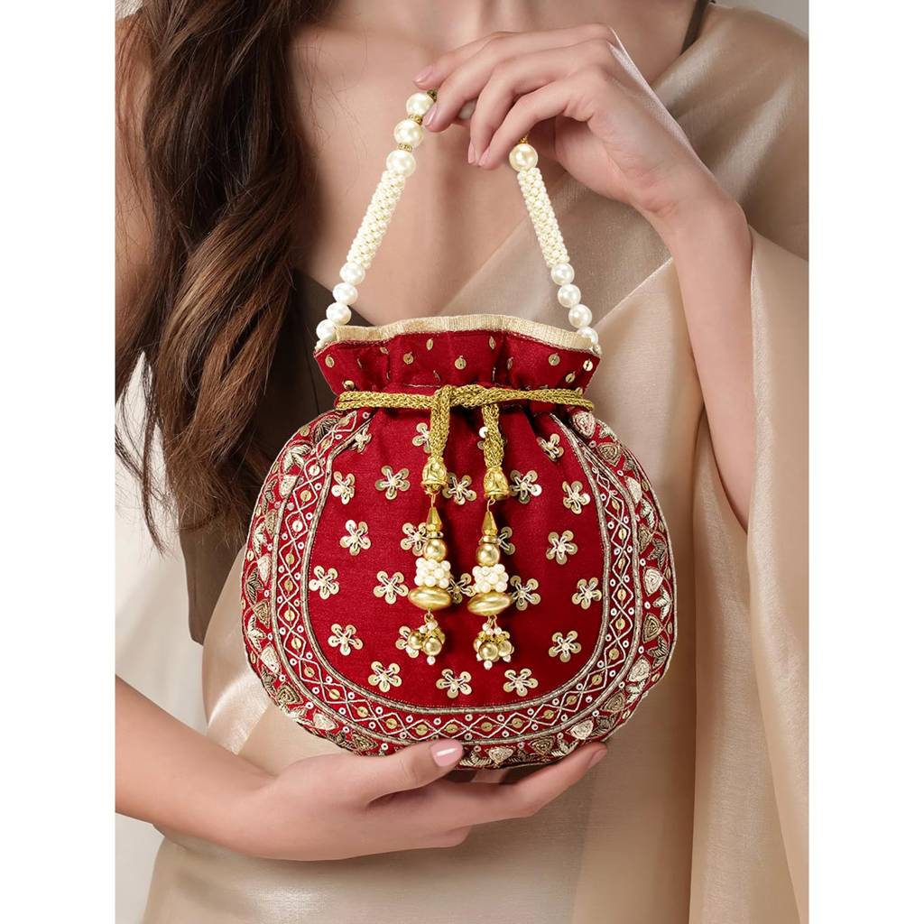 Potli Bags For Women Evening Bag Clutch Ethnic Bride Purse With Drawstring (P54Crm) : P54R