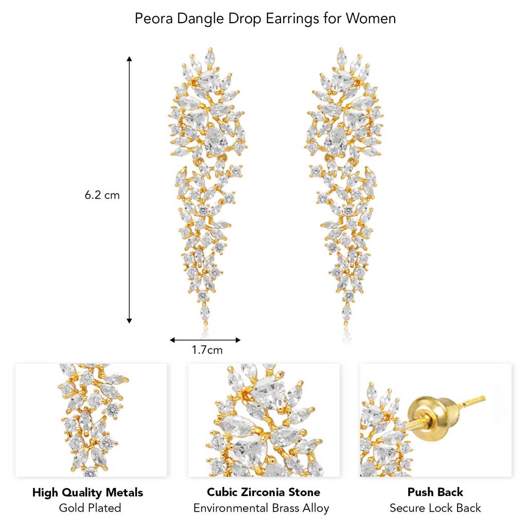 Peora Gold Plated Cubic Zirconia Studded Fancy Drop & Dangle Earrings Western Fashion Jewellery For Women & Girls : PX8E222G