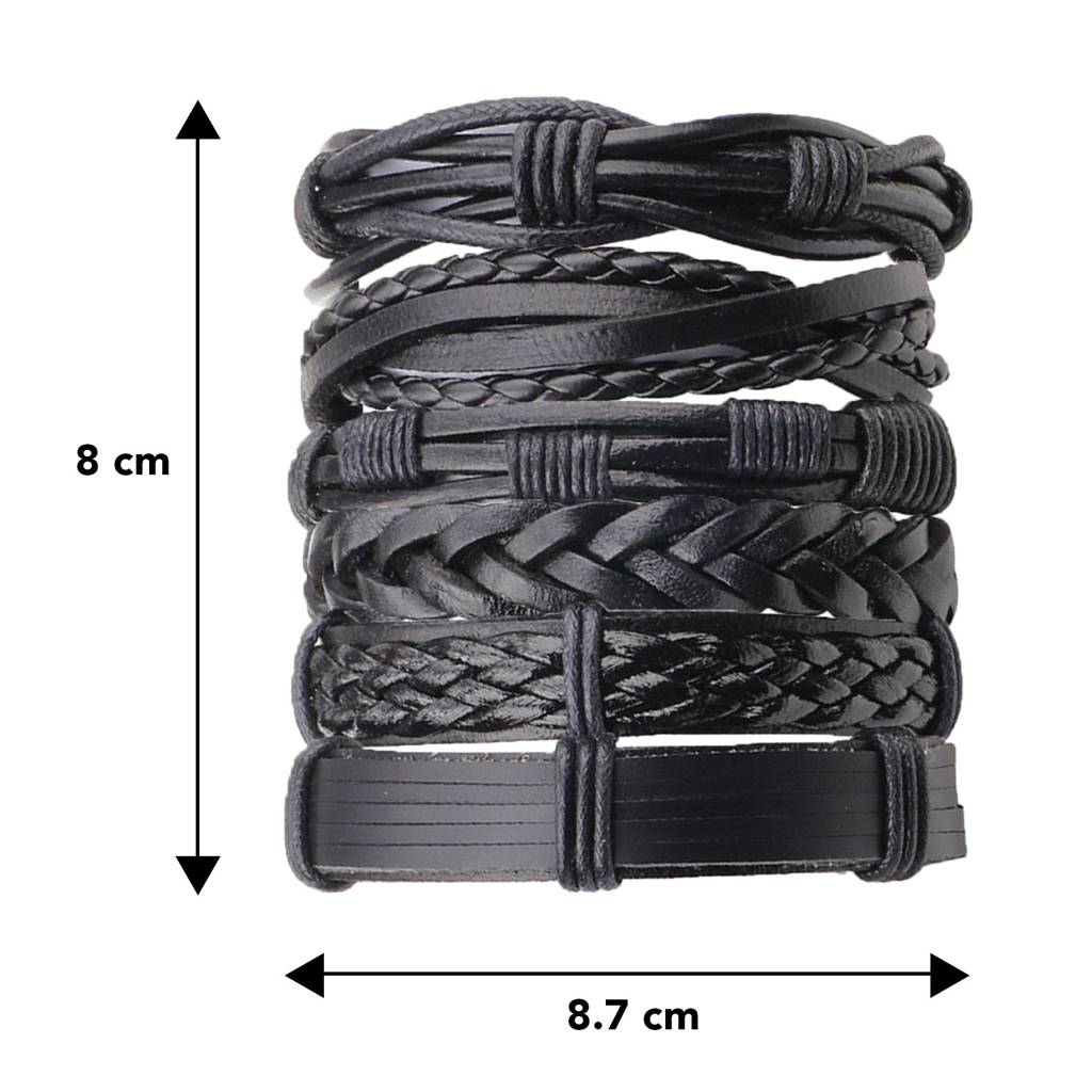 Peora Combo Pack Of 6 Black Braided Leather Bracelet For Men Boys : PX9LB02