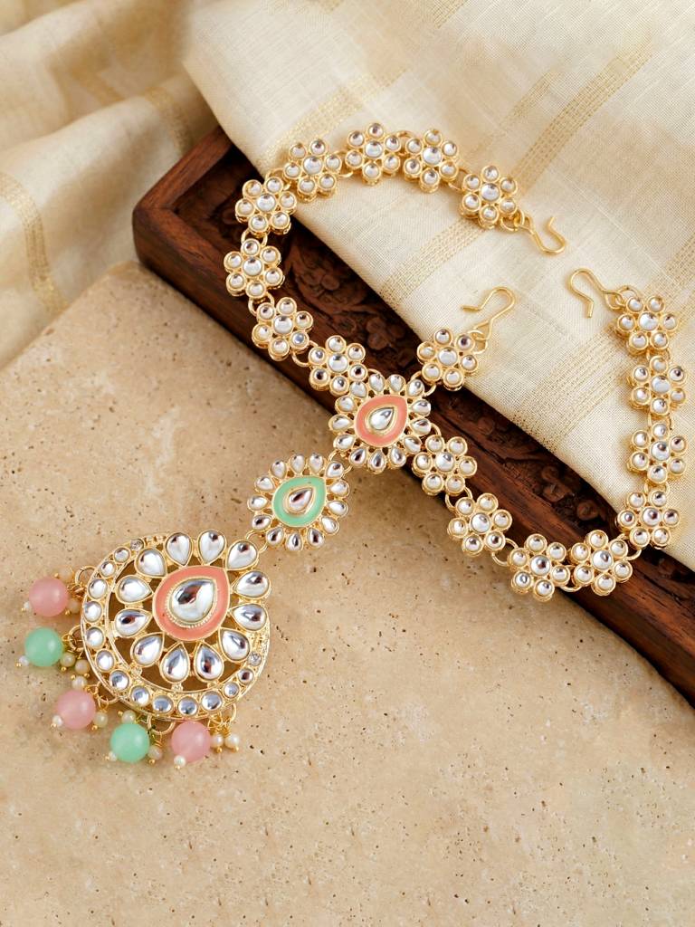 Bridal Kundan Jewellery Set With Hathphool & Nath : 2541-IZK-554-PKMNT