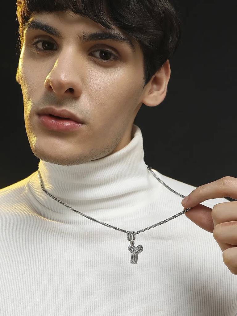 Men'S Embellished Alphabet Pendant Necklace - Silver : FANC1071-W