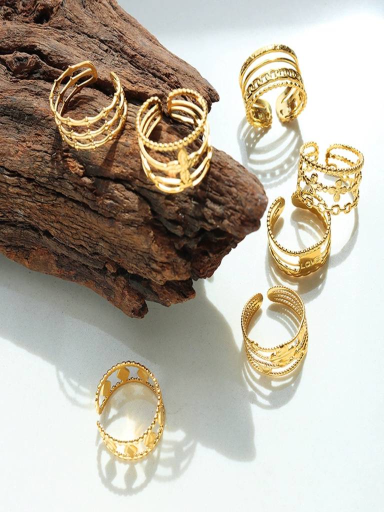 Leaf Layered Stacking Ring For Women Anti-Tarnish Waterproof 18K Gold Plated : ALL1125R362