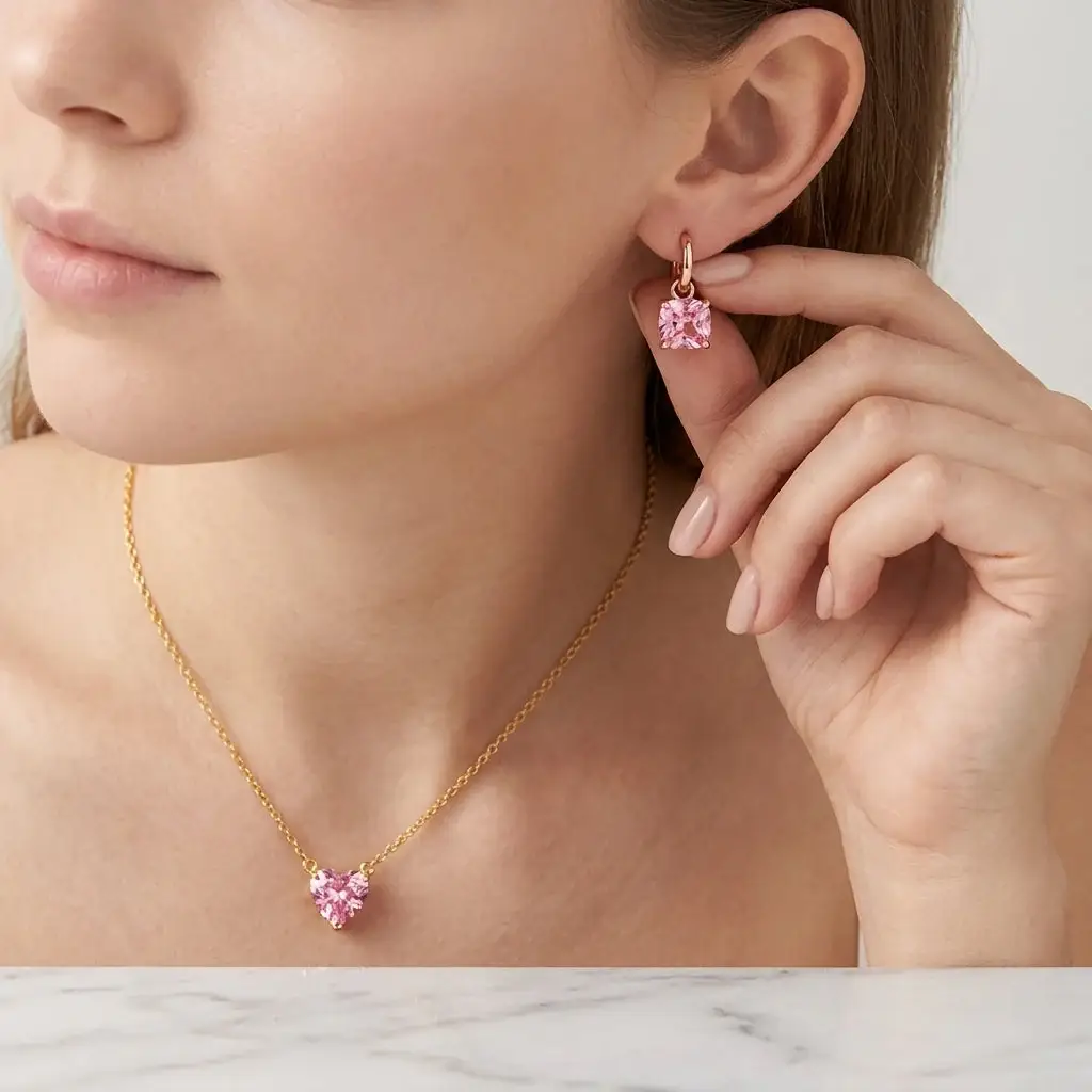 Pink Heart Dainty Necklace And Cupid'S Gem Earrings Set For Mother : NEC-251-G-PNK-3