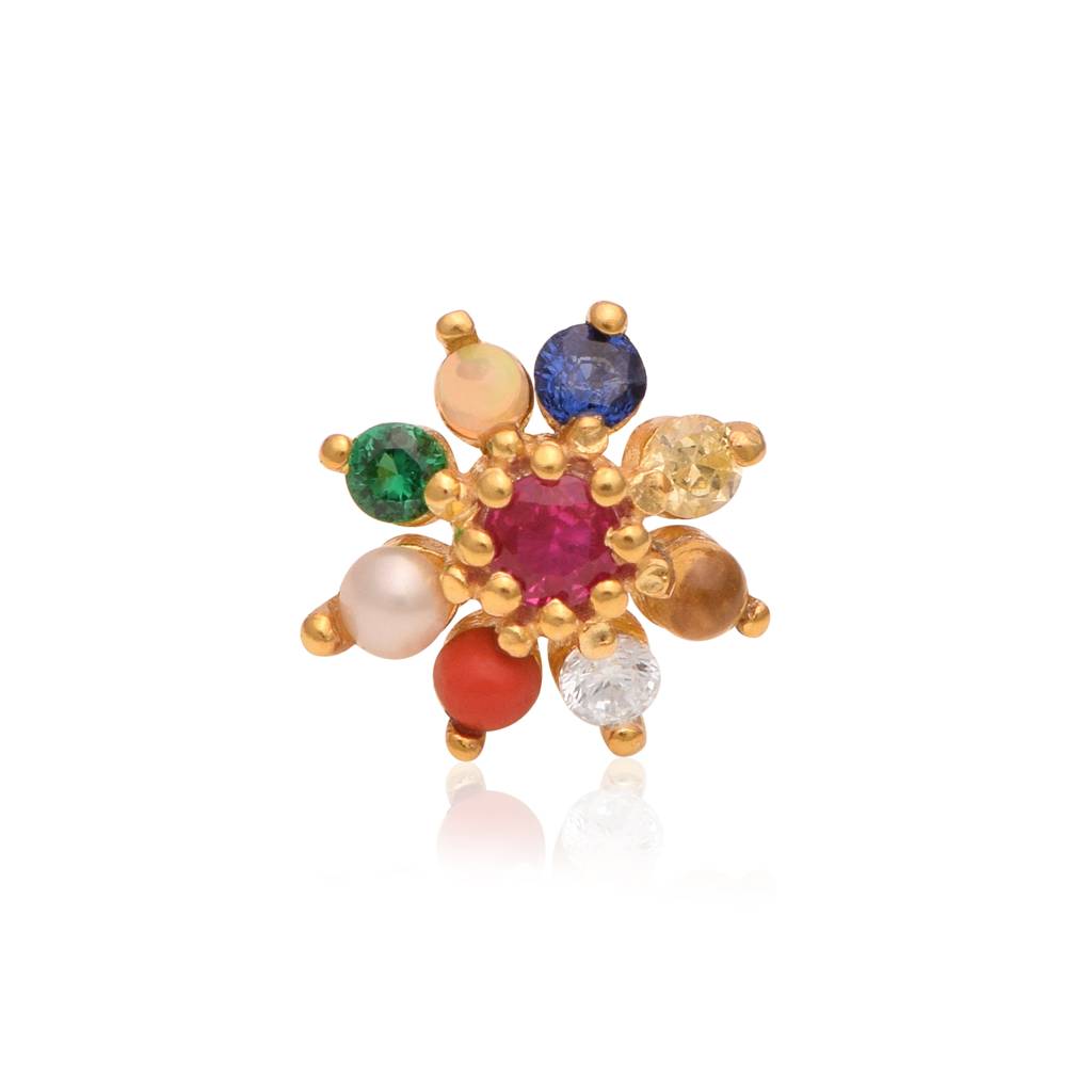 Navratna Floral Nose Pin 925 Sterling Silver Gold Plated : NP-00207_925S_YP_