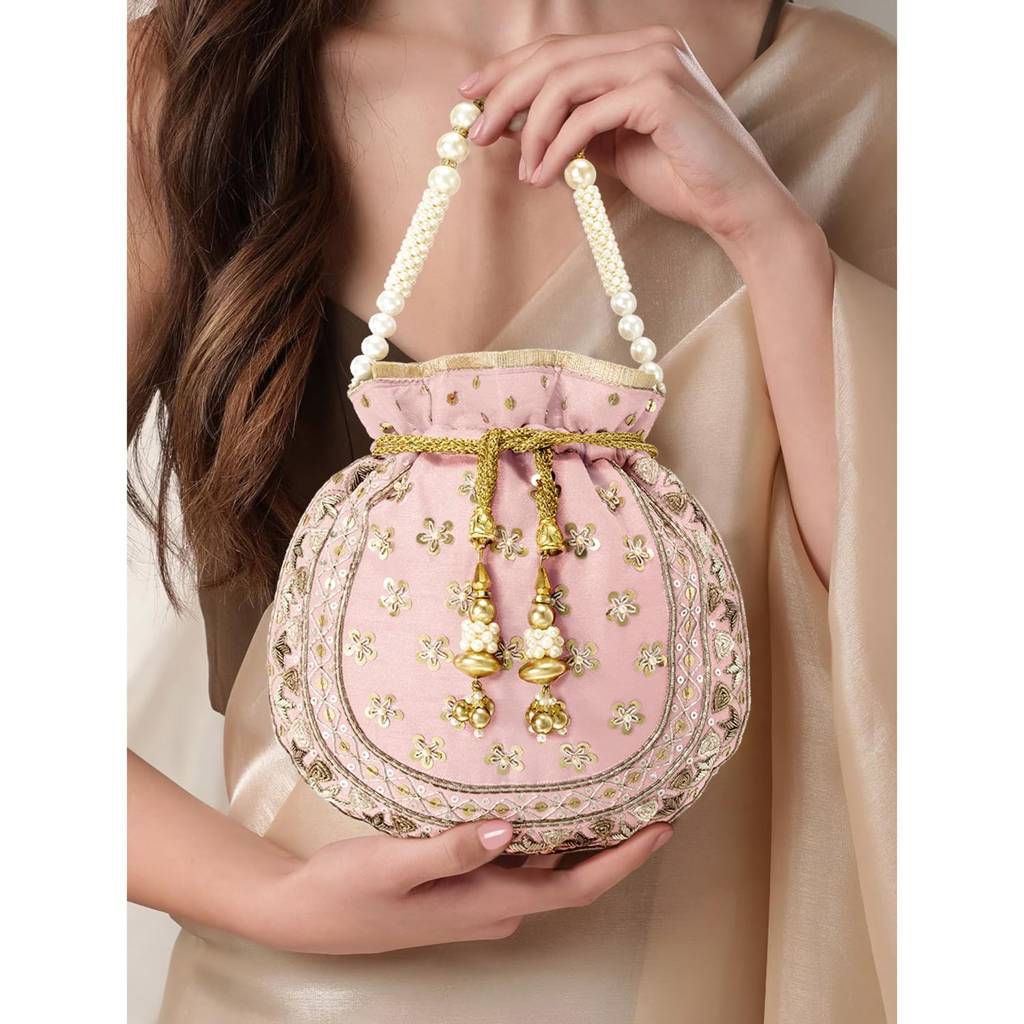 Potli Bags For Women Evening Bag Clutch Ethnic Bride Purse With Drawstring (P54Crm) : P54PK
