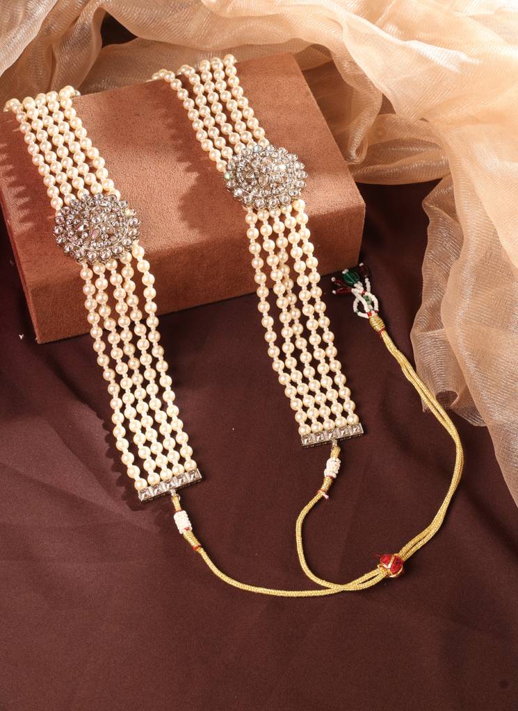 Royal Flower Design Pearl 5 String Brown Stone Kundan Antique Gold Plated Long Haram Necklace Mala For Women And : 6ML76_BROWN