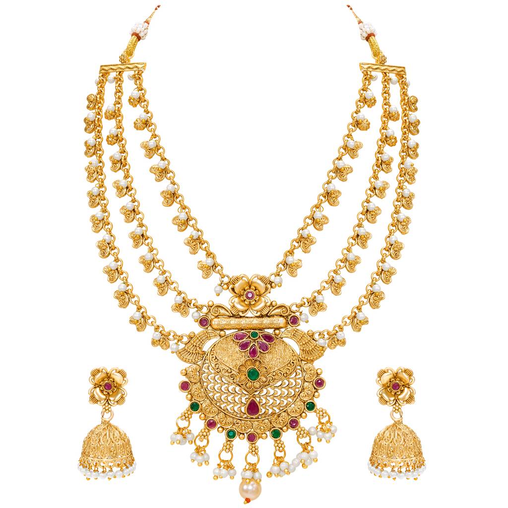 Ethnic Necklace Earrings Set For Women & Girls Gold Plated Faux Ruby Emerald & Lariya Studded Festive Tradition : PF04N10154RG