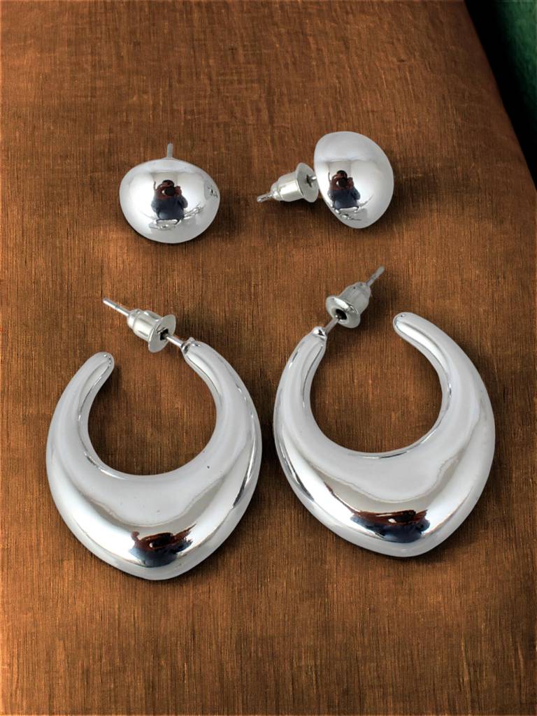 2 Pairs Combo Earrings- Silver Plated Studs And C Shaped Dangle Semi Hoops : 140-CHEX-1018-2