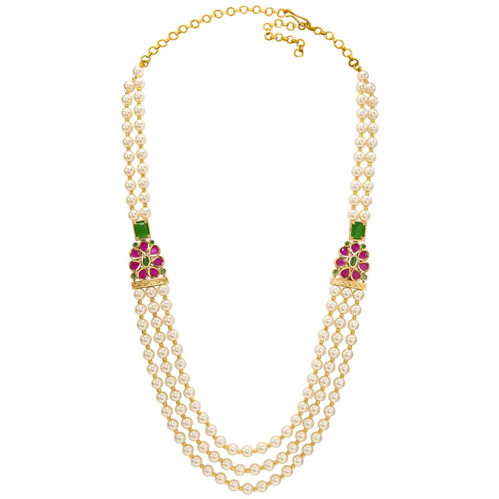 Ethnic Beads Layered Long Mala Necklace For Women & Girls Gold Plated Faux Ruby Emerald & Pearl Studded Tradition : PF10ML29RG