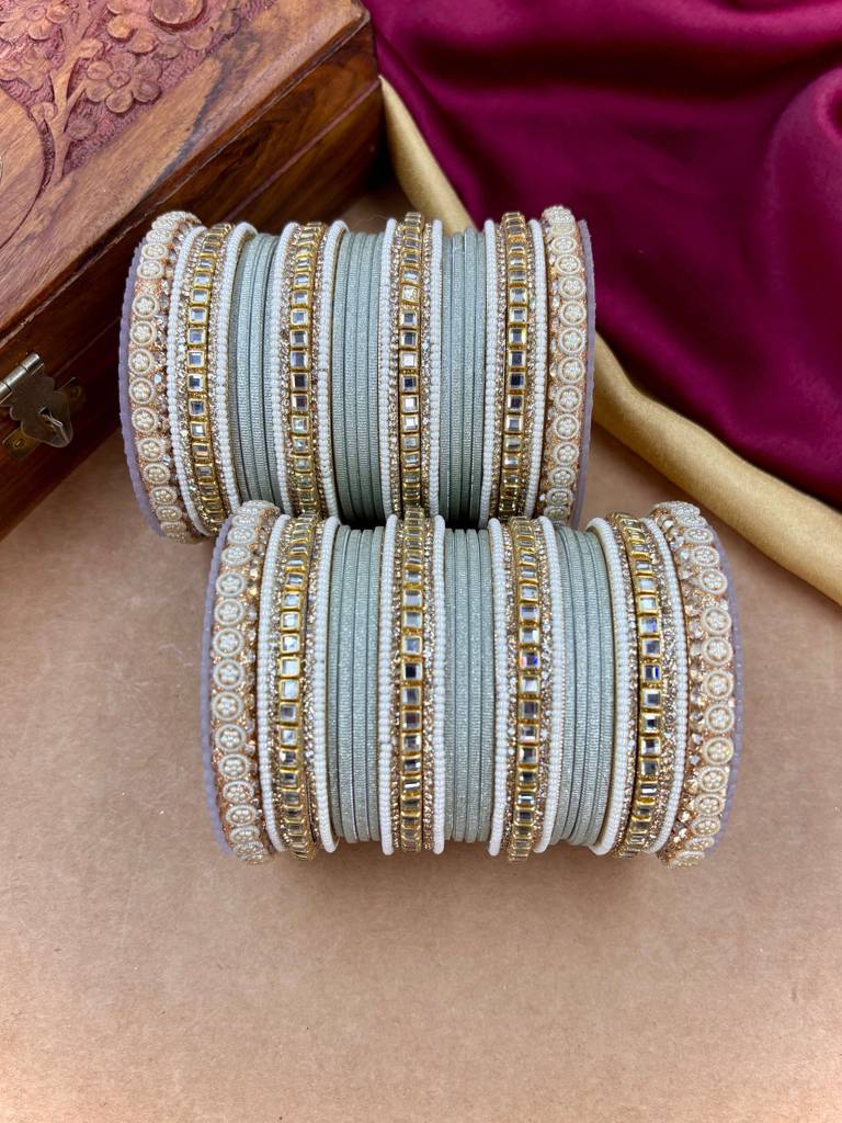 Traditional Kundan Bangles : HB-68-24-PISTAGREY