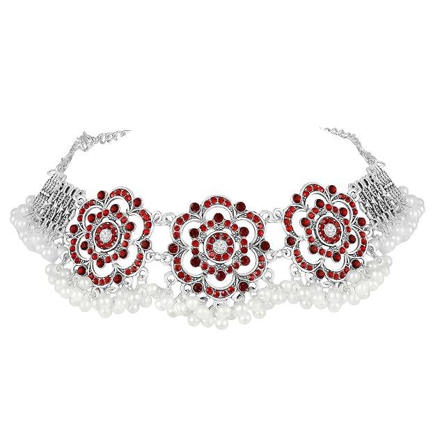 Silver Plated Red Crystals & Beads Studded Necklace Earrings Set Ethnic Jewellery For Women : PX9N182R