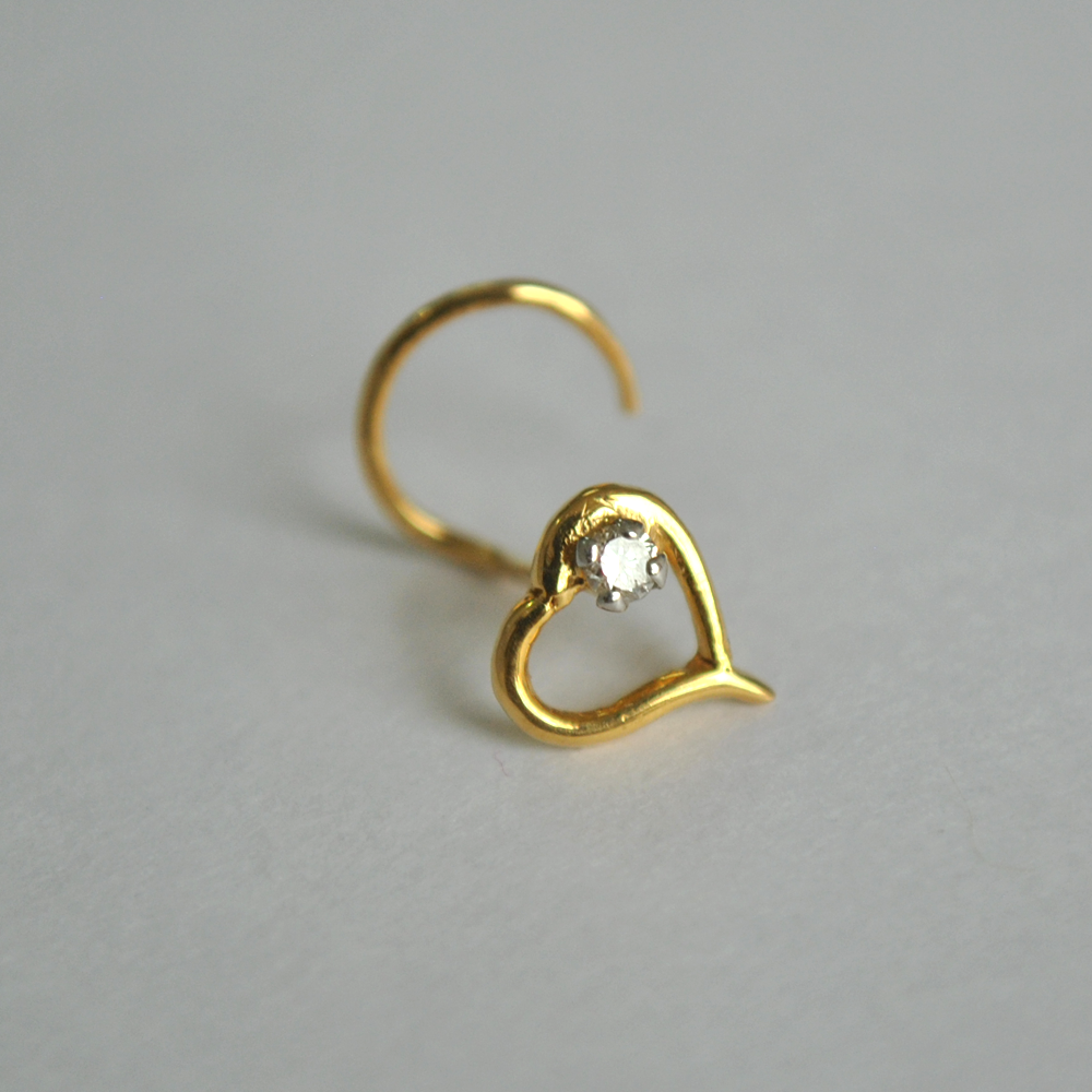 Natural Diamond Heart Nose Pin In 14K Yellow Gold C Wire : NP009-14Y-C-S