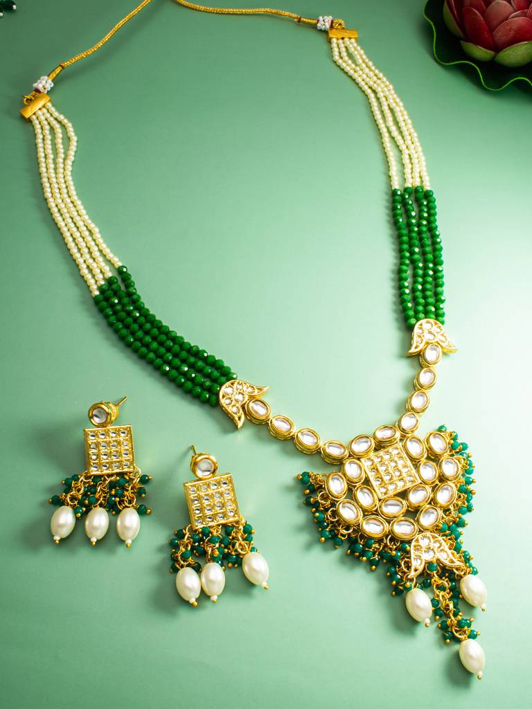 Kundan Pendant Long Necklace Set With Emerald Crystal Beads And Pearl Drops, Earrings Included : NK4241