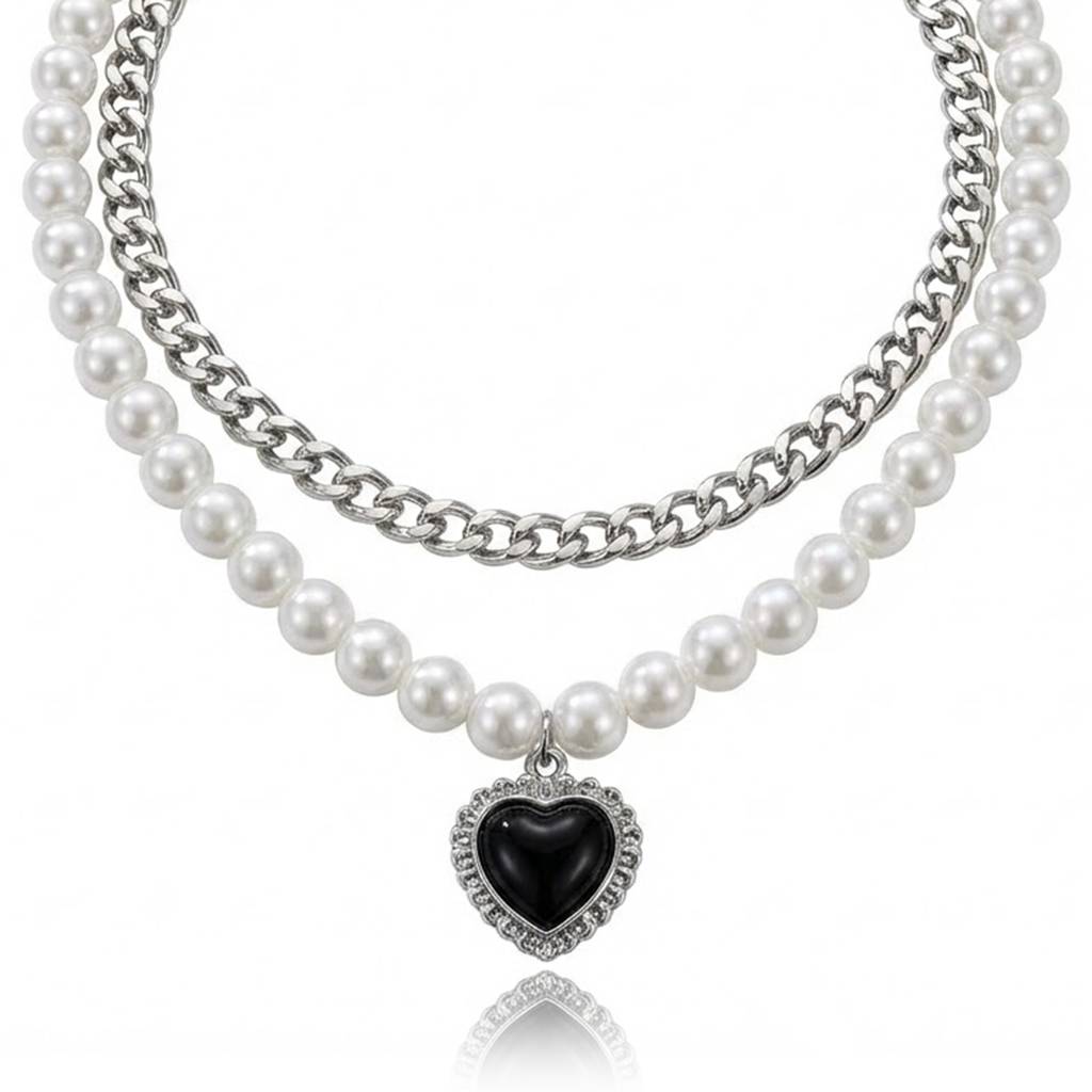 Pearl Studded Silver Plated Fancy Two Layer Pendant Chain Necklace Jewellery For Women & Girls : PX9N259BL