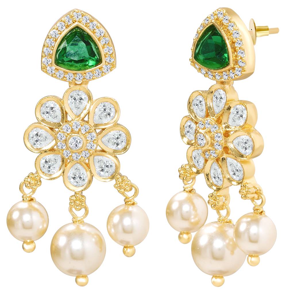 Ethnic Green Beads Necklace Earrings Set For Women & Girls Gold Plated Faux Emerald Pearl & Crystals Traditional F : PF10PS07G