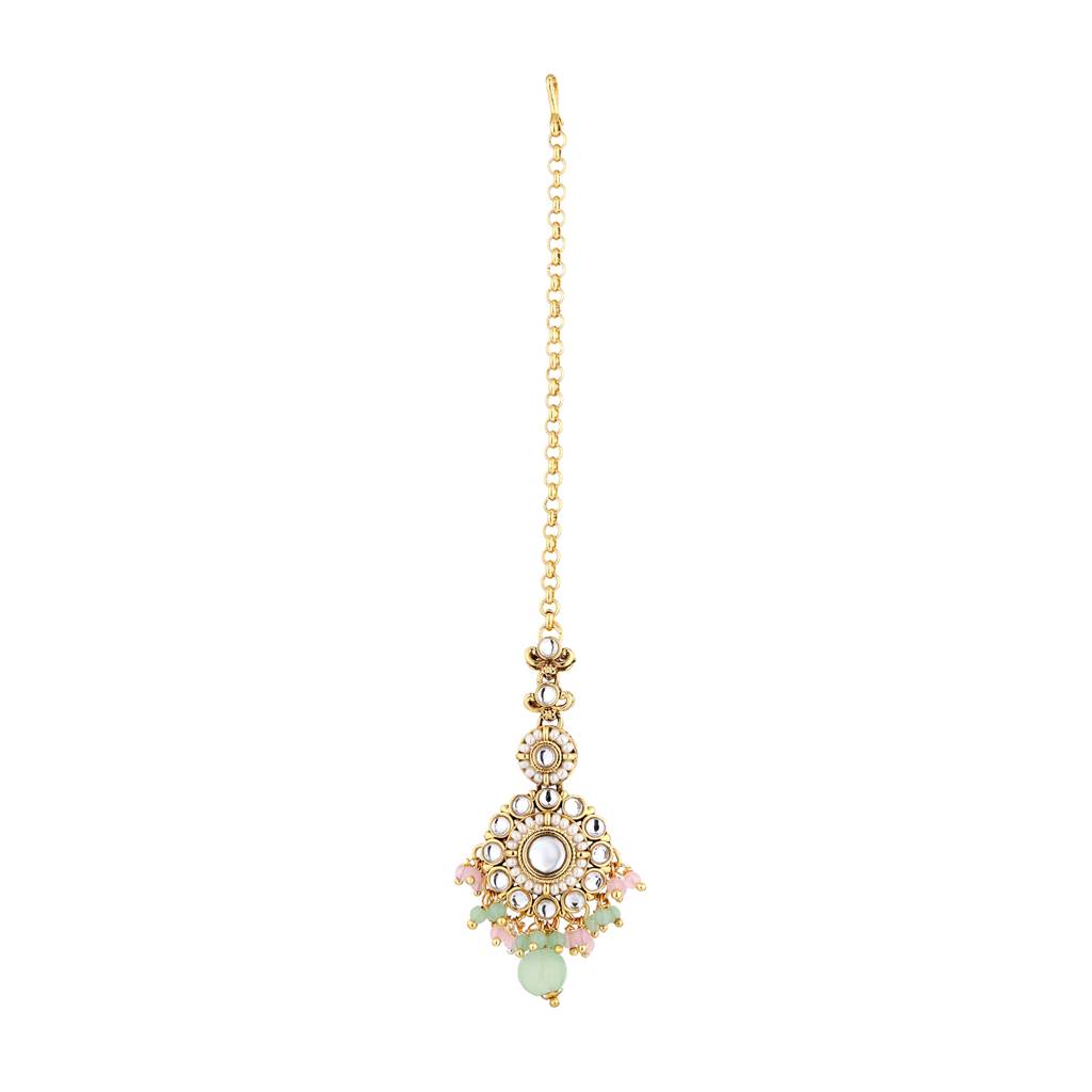 Kundan Opulance Light Pink Pearl-Beaded Circle Motif Yellow Gold-Plated Necklace Set : 8905124585346