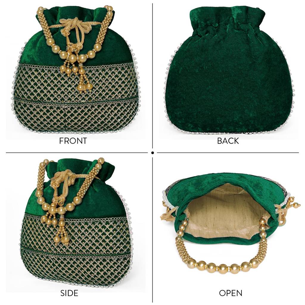 Zari Sequence Potli Bag With Beads Motif Handle For Women Handmade Handbag Stylish Bride Fashion Wristlet Bag For  : P197GRN-F