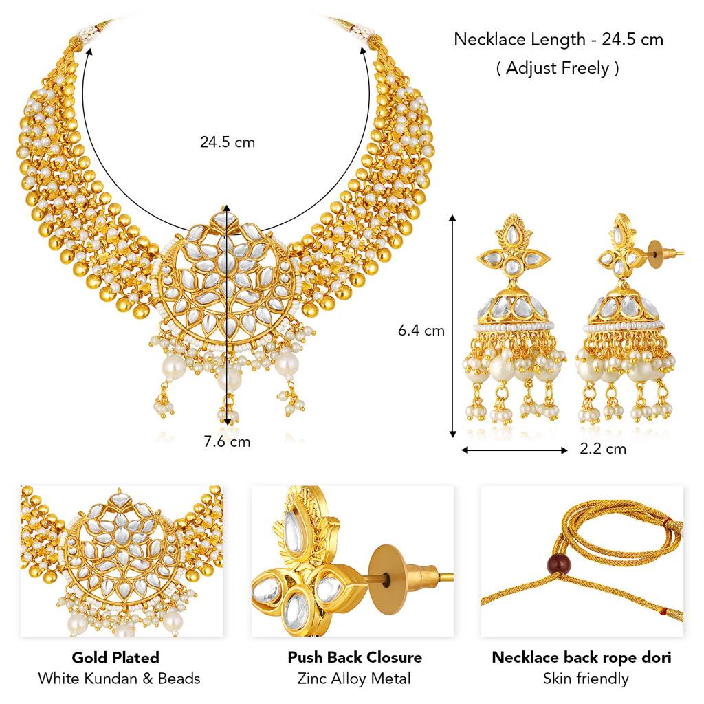 Peora Gold Plated White Kundan & Beads Studded Necklace Jhumki Earrings Ethnic Jewellery Set For Women & Girls : PF104N06W
