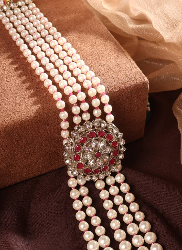 Marvellous Flower Design Pearl 5 String Ruby Stone Kundan Antique Gold Plated Long Haram Necklace Mala For Women  : 6ML55_RUBY