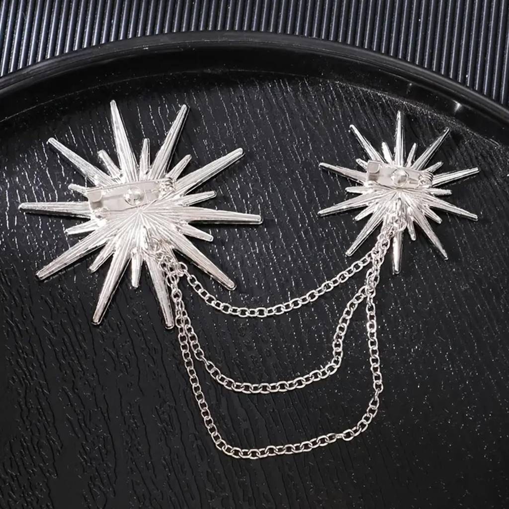 Silver Plated Cubic Zirconia Studded Twinkling Star Pattern Three Layer Chain Pin Brooch Elegant Jewellery For Men : PX9BH06S