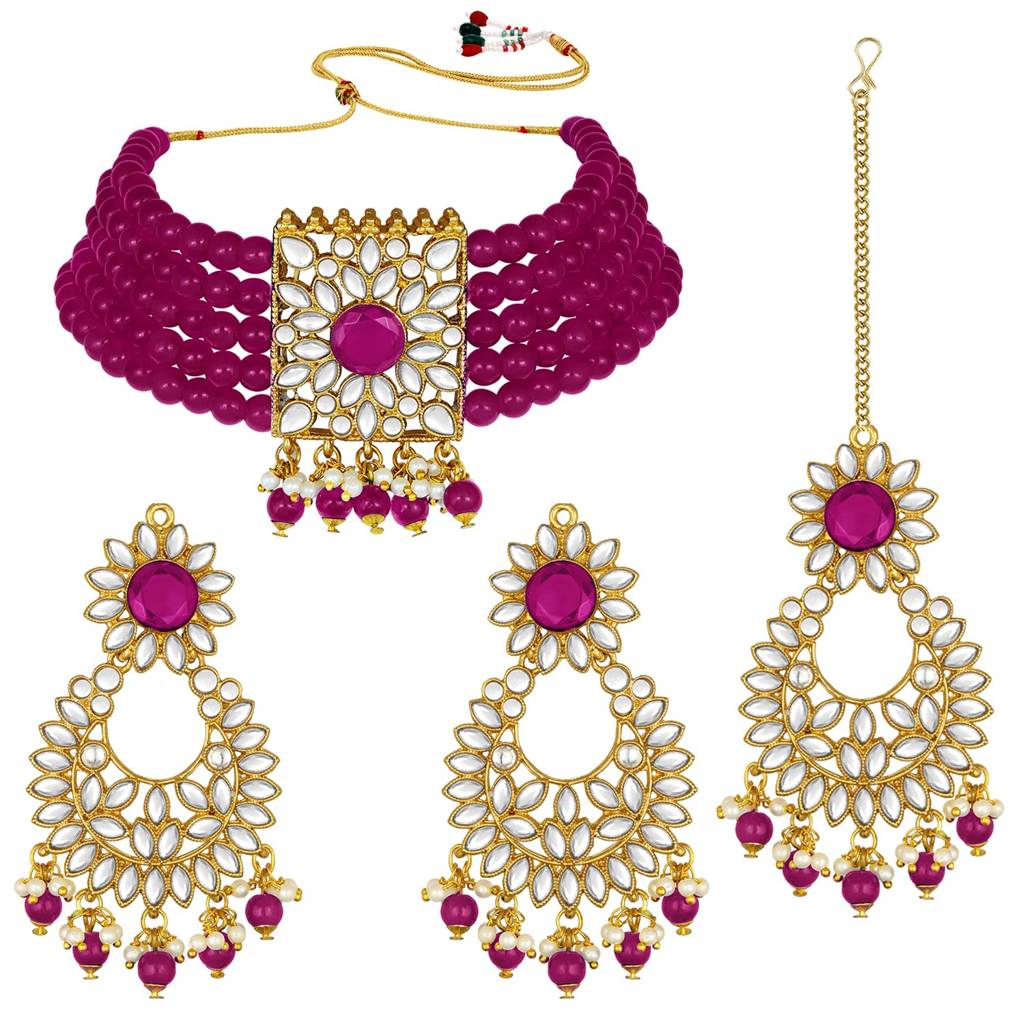 Gold Plated Jodha Akbar Kundan Rani Pink Faux Pearl Choker Necklace With Earring Maang Tikka Traditional Bridal  : PF24N2929RP