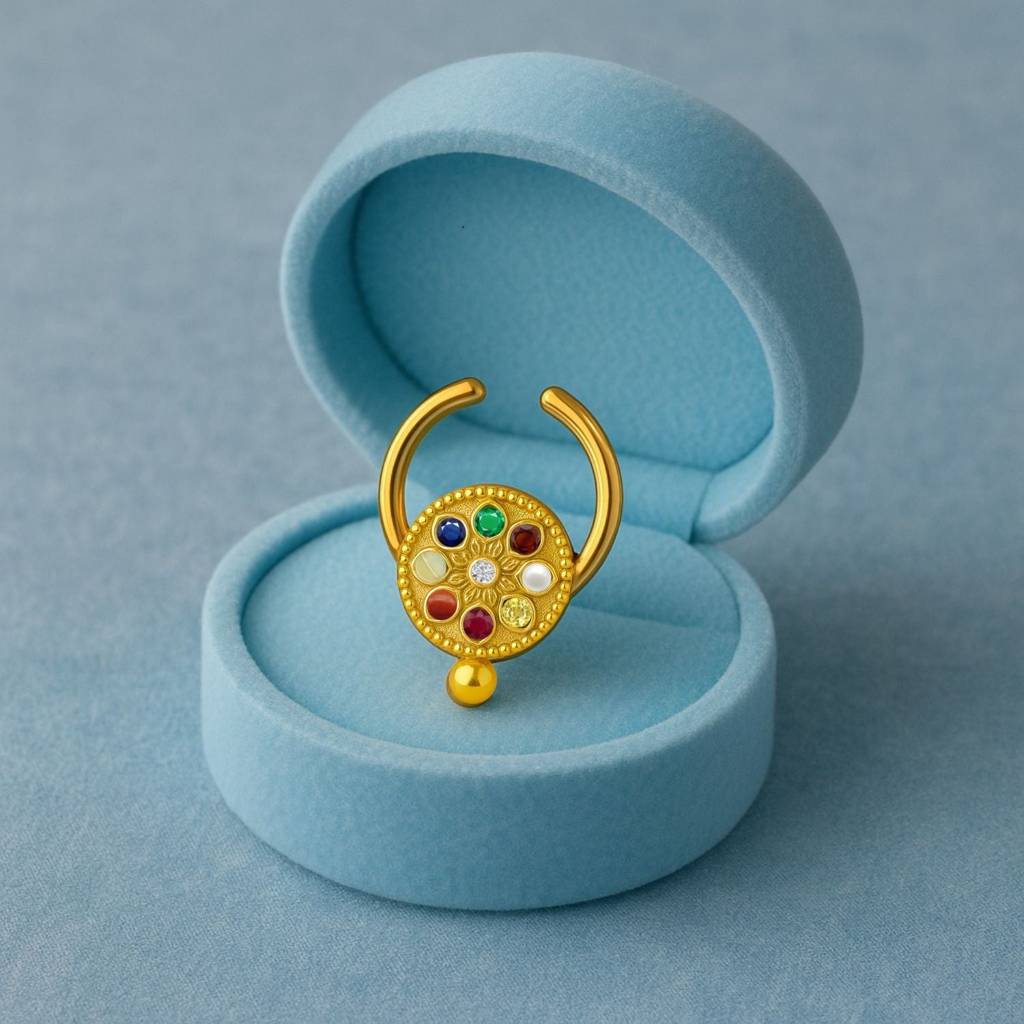 Navratna Classic Mandala Multi Gemstone Septum Nose Pin 925 Sterling Silver Gold Plated : snp-0061