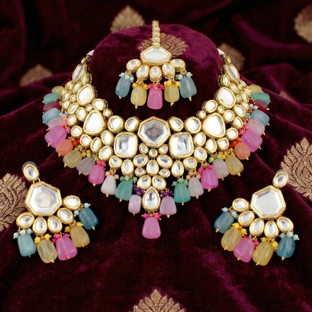 18 Kt Gold Plated Bridal & Semi-Bridal Necklace Set With Earrings & Maang Tikka : 4997-J5SK-1574-MT