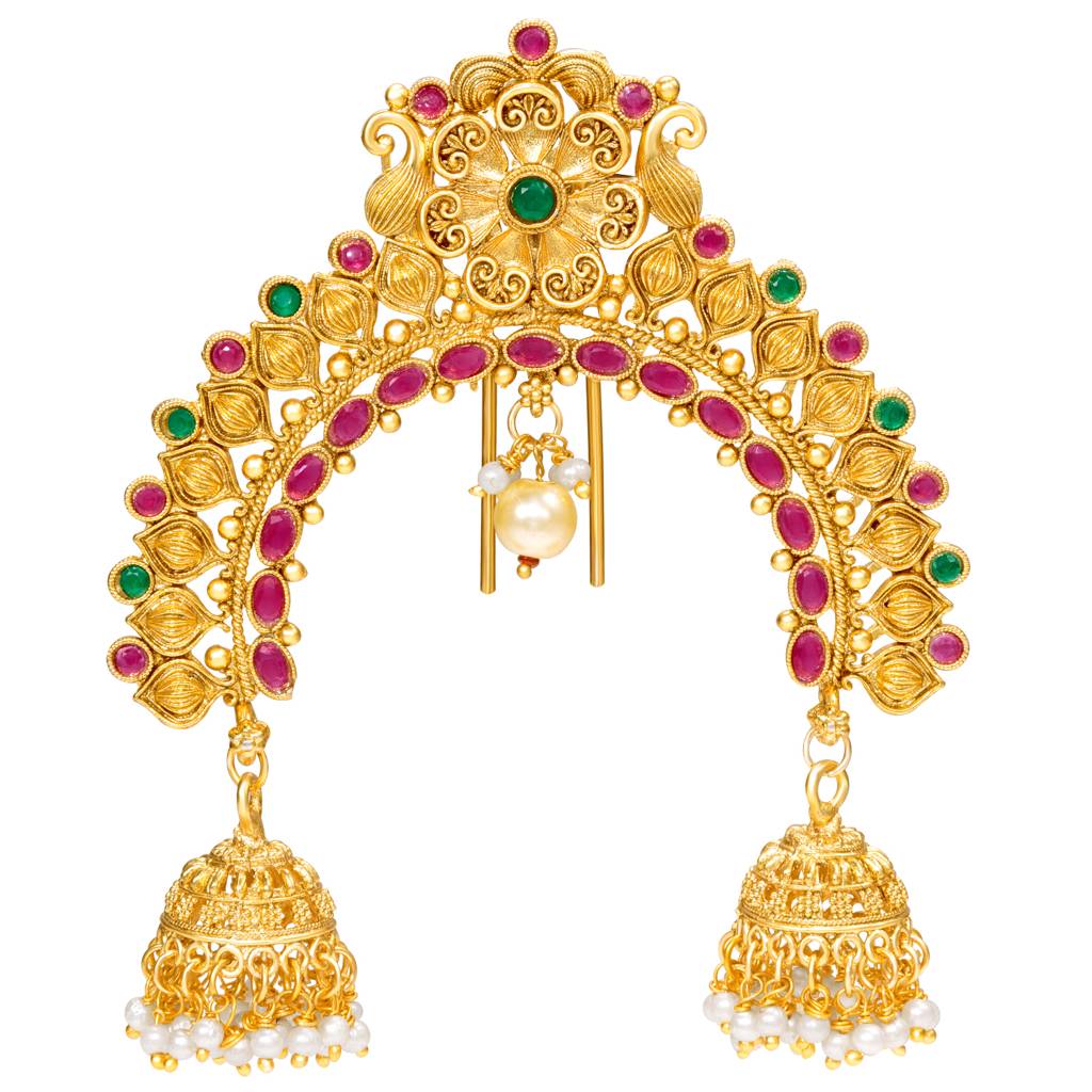 Ethnic Hair Juda Pin Brooch For Women & Girls Gold Plated Faux Ruby Emerald & Beads Studded Bridal Festive Jewel : PF04HJ12RPG