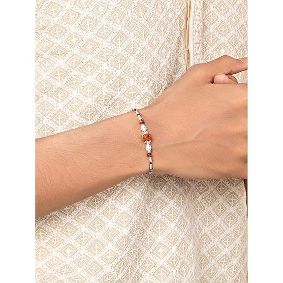 925 Sterling Silver Rudraksh & Pearl Rakhi For Brother Bhaiya Maroon & Cream Thread Raksha Bandhan Hamper With Roli C : R18S08