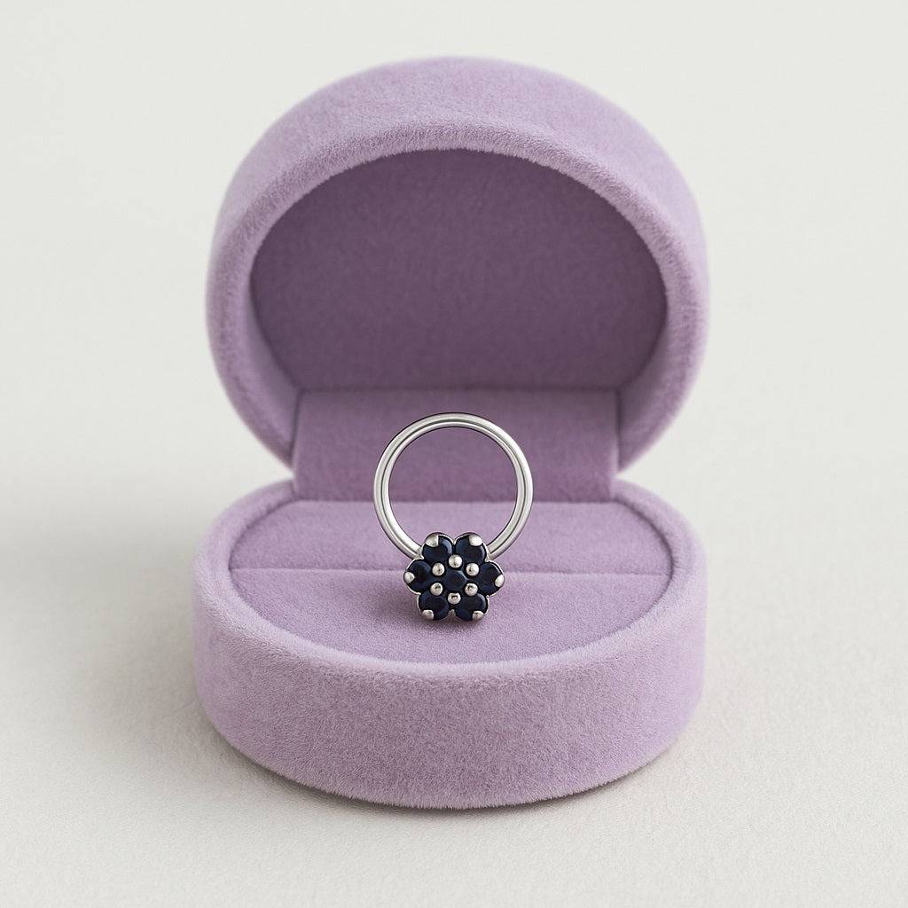 Blue Sapphire Floral Cluster Nose Pin - Sterling Silver : NP00019_925S_OX_BSA