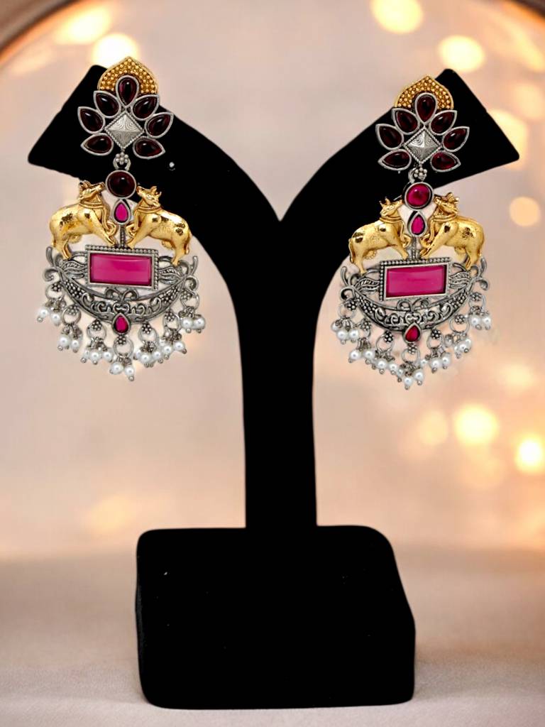 Trendy Celebrity-Inspired Oxidised Silver Magenta Color Earrings For Girls & Women : 410-KEO-14539-R-SG