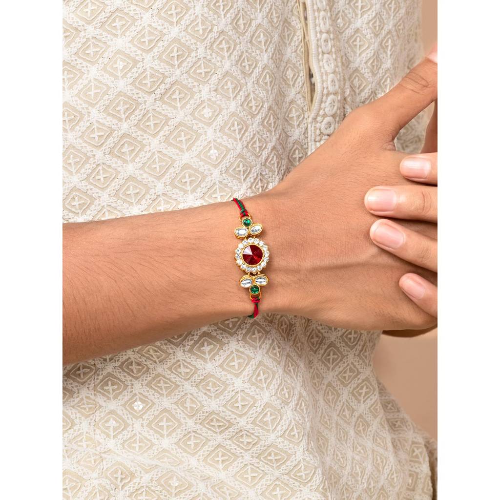 Rakhshabandhan Thread Elegant Rakhi For Brother Bhaiya | Gold Plated | Redgreen Crystal & Kundan Studded | Rakhi Ham : R26S034