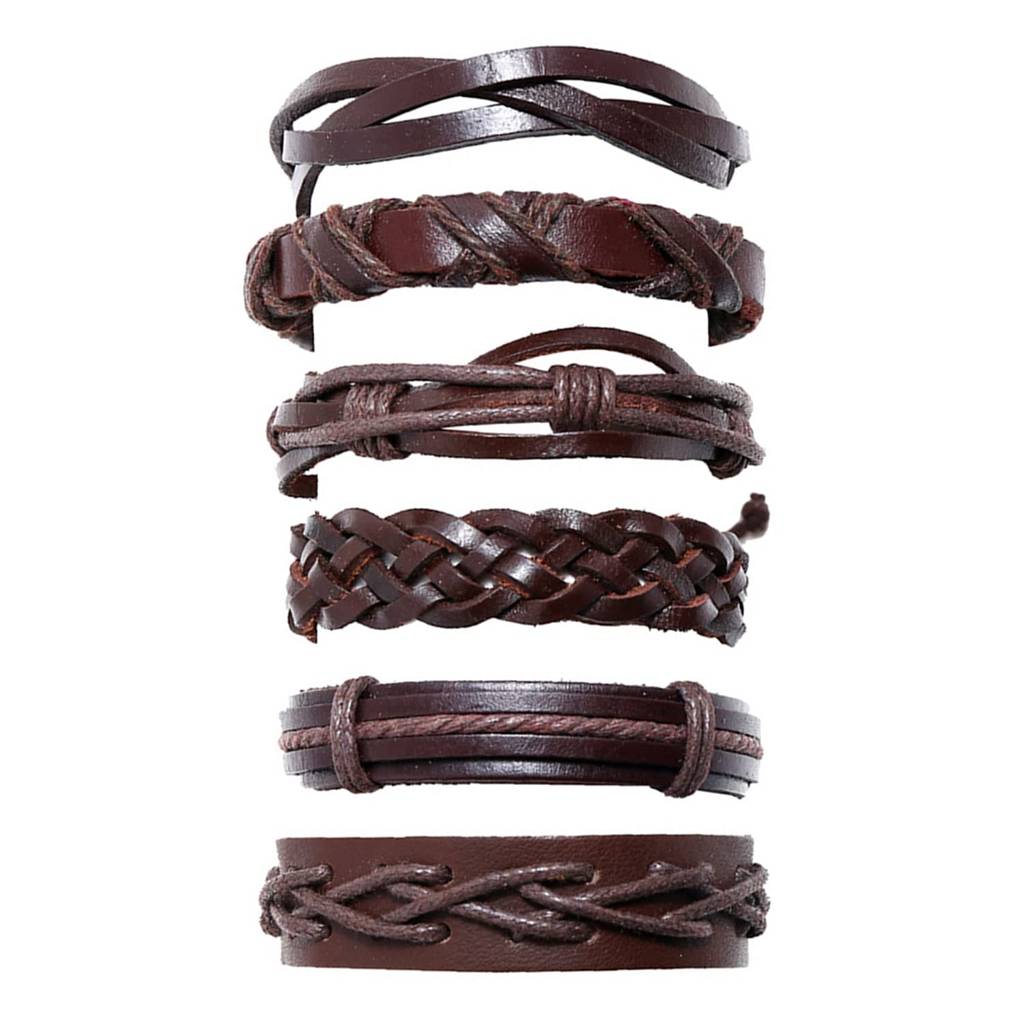 Brown Leather Bracelet Set Of 6 Handcrafted Stylish Design Fashion Jewellery For Men & Boys (Px9Lb33) : PX9LB33