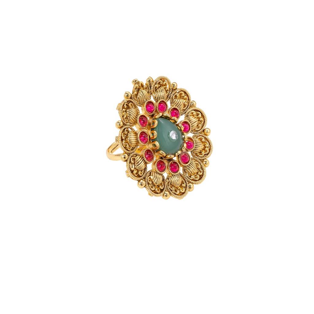 Gold Plated Rani Pink Green Ethnic Adjustable Finger Ring For Women : PF04R07RPG