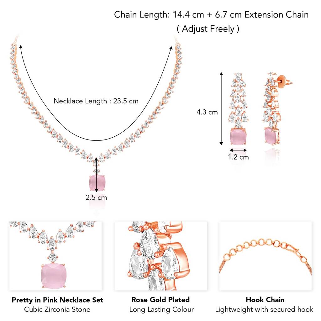 Rose Gold Plated Cubic Zirconia Studded Pretty In Pink Pendant Style Necklace & Drop Earrings Fashion Jewellery S : PF67N95CPK