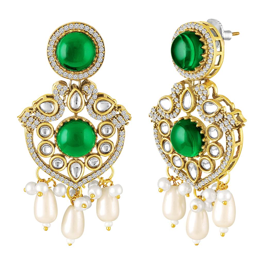 Green Ethnic Long Necklace Earrings Set For Women & Girls | Gold Plated | Kundan & Beads Studded | Maharani Haar A : PF77LS07G
