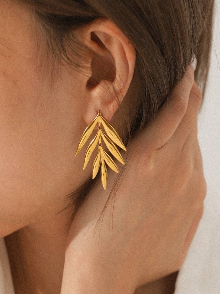 Statement Leaf Branch Stud Earrings 18K Gold Plated Anti-Tarnish Waterproof : AHC0526E452